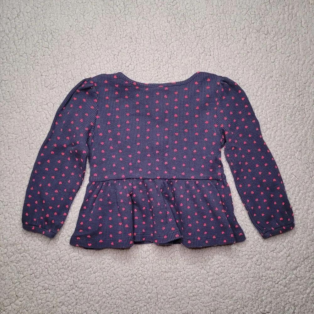 Baby Gap Shirt Girls Toddlers 3 Years Blue Red Hearts Waffle Knit Peplum Ruffles
